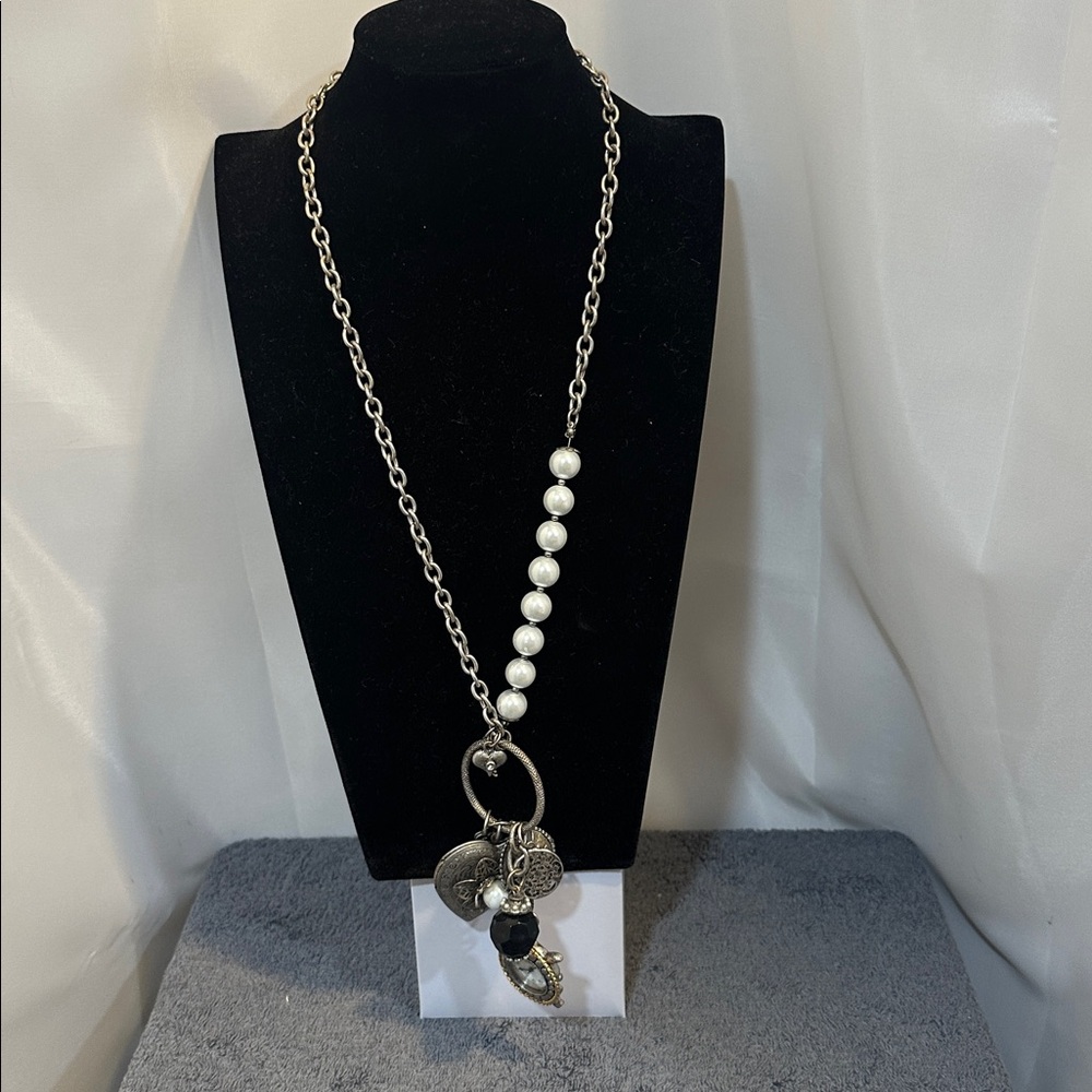 Elegant Silver and White Charm Necklace with watch EUC